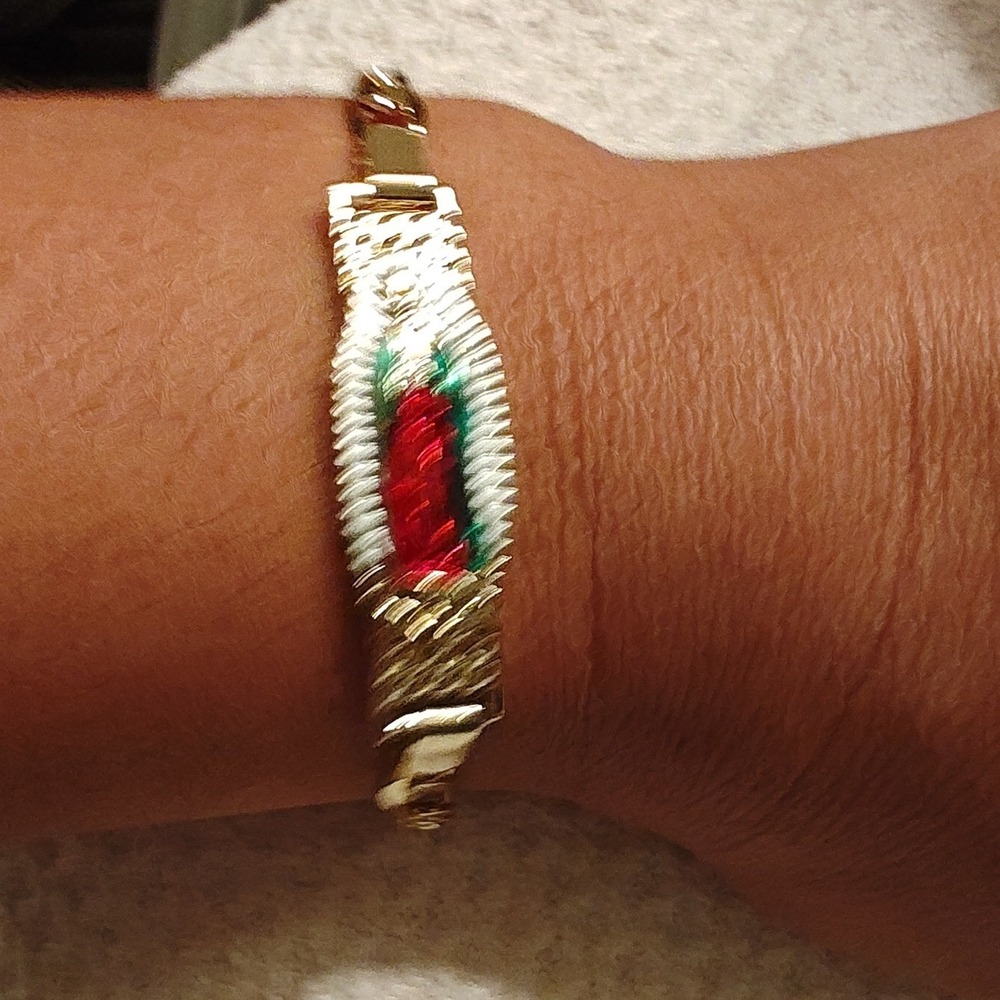 Bracelet Gold Virgin of Guadalupe 18K Plated Figaro Link Italy 750 Enamel - Picture 6 of 6